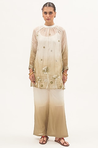 Ivory & Pista Zari Chanderi Ombre Sheer Kurta Set by Gyaarah Baees