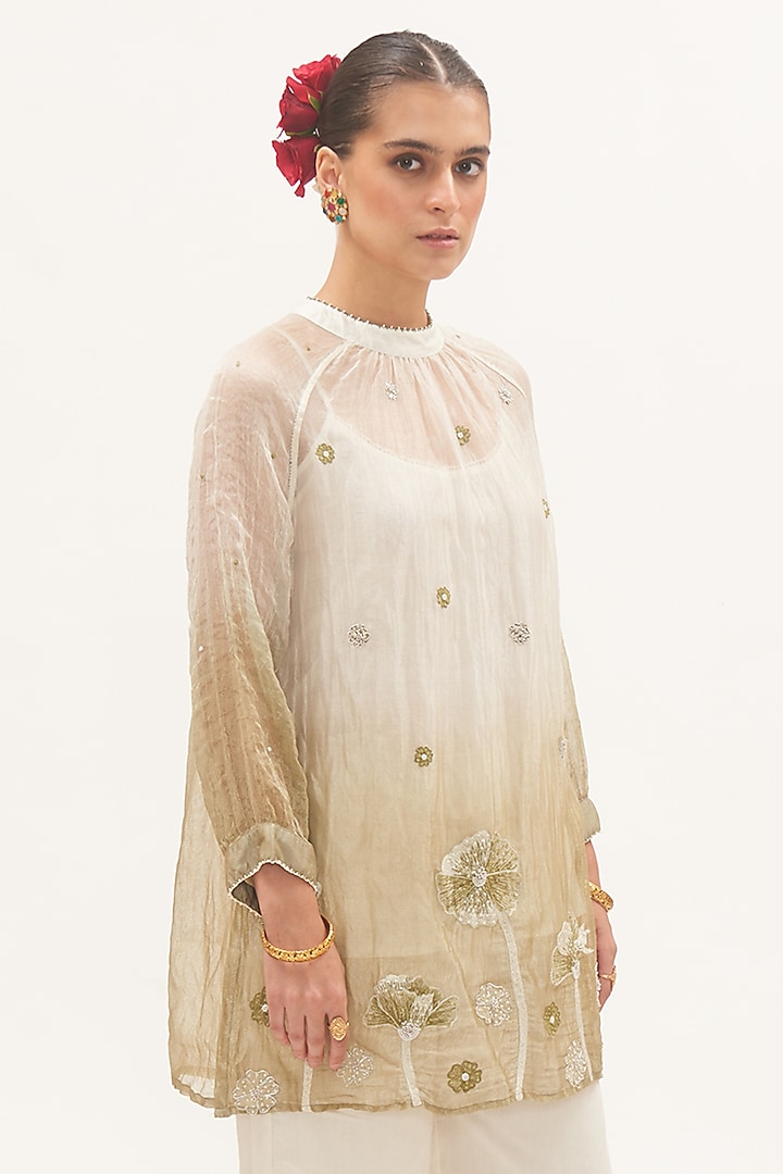 Ivory & Pista Zari Chanderi Ombre Sheer Kurta Set by Gyaarah Baees at Pernia's Pop Up Shop