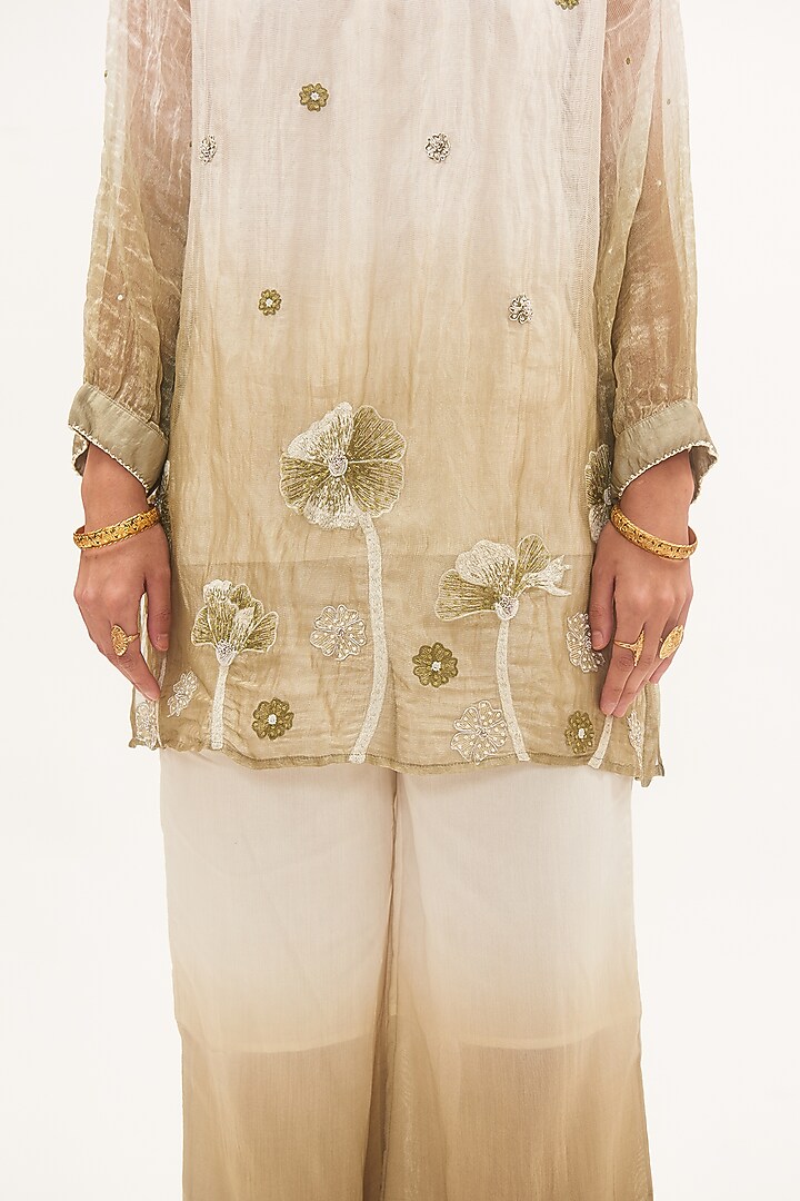 Ivory & Pista Zari Chanderi Ombre Sheer Kurta Set by Gyaarah Baees at Pernia's Pop Up Shop