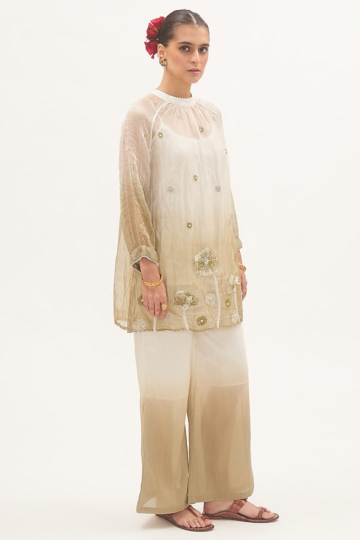 Ivory & Pista Zari Chanderi Ombre Sheer Kurta Set by Gyaarah Baees at Pernia's Pop Up Shop
