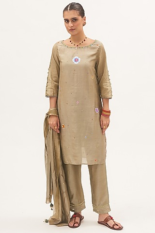 Pista Green Chanderi Hand-Painted Kurta Set by Gyaarah Baees