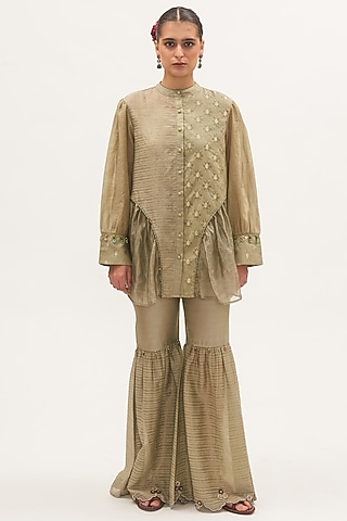Pista Green Chanderi Striped Panelled Sharara Set by Gyaarah Baees