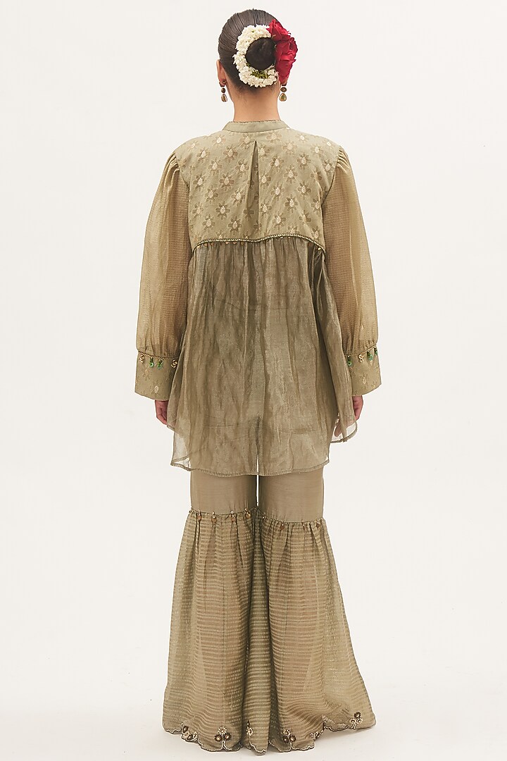 Pista Green Chanderi Striped Panelled Party Wear Sharara Set by Gyaarah Baees at Pernia's Pop Up Shop