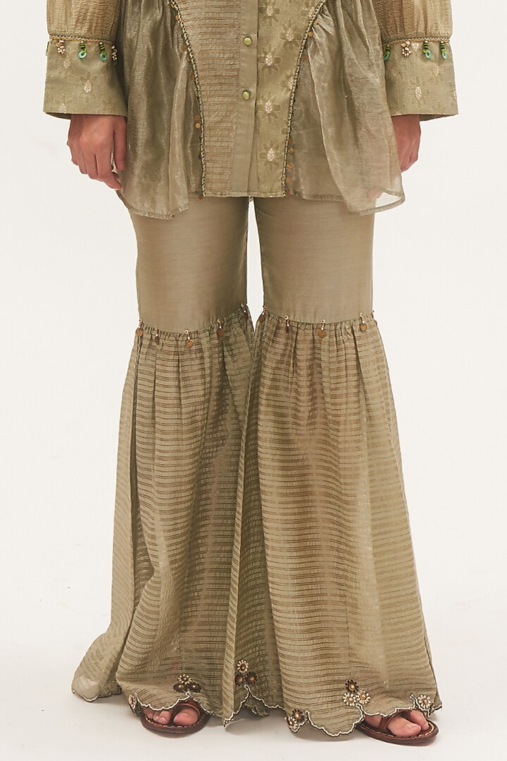 Pista Green Chanderi Striped Panelled Party Wear Sharara Set by Gyaarah Baees at Pernia's Pop Up Shop