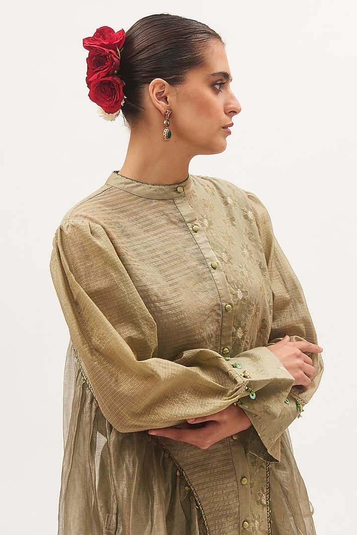 Pista Green Chanderi Striped Panelled Party Wear Sharara Set by Gyaarah Baees at Pernia's Pop Up Shop