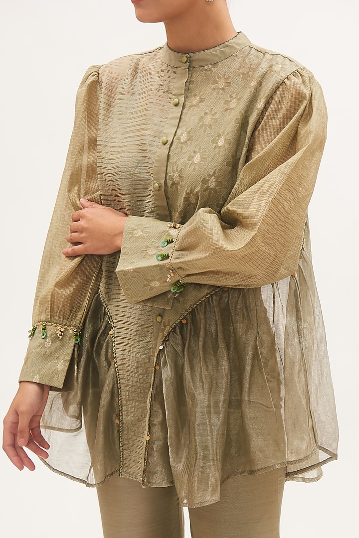 Pista Green Chanderi Striped Panelled Party Wear Sharara Set by Gyaarah Baees at Pernia's Pop Up Shop