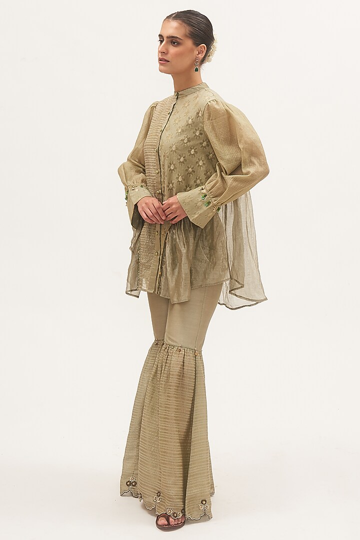 Pista Green Chanderi Striped Panelled Party Wear Sharara Set by Gyaarah Baees at Pernia's Pop Up Shop