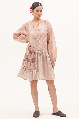 Pale Pink Chanderi Panelled Dress by Gyaarah Baees