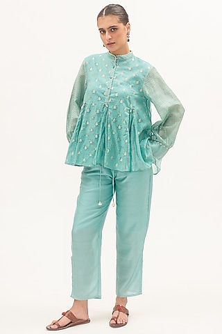 Turquoise Blue Chanderi Woven Motif Co-Ord Set by Gyaarah Baees