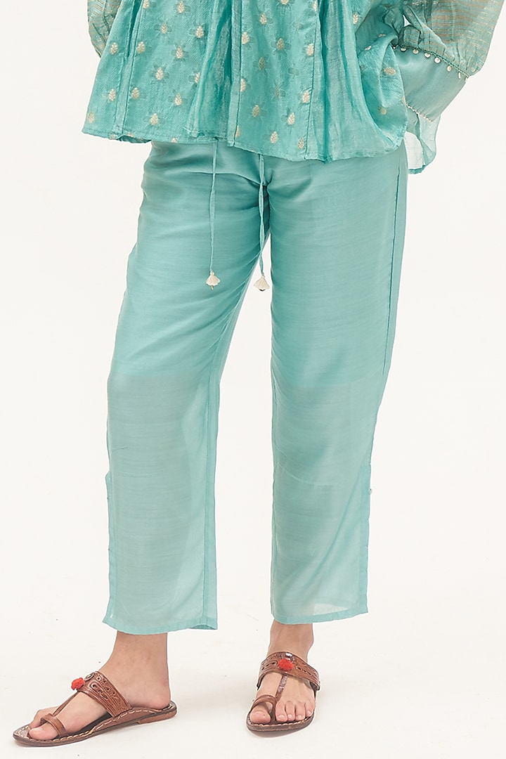 Turquoise Blue Chanderi Woven Motif Co-Ord Set by Gyaarah Baees at Pernia's Pop Up Shop