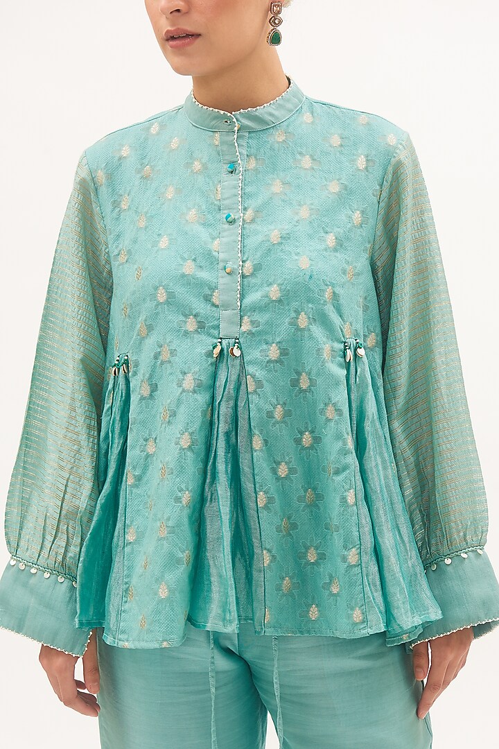 Turquoise Blue Chanderi Woven Motif Co-Ord Set by Gyaarah Baees at Pernia's Pop Up Shop