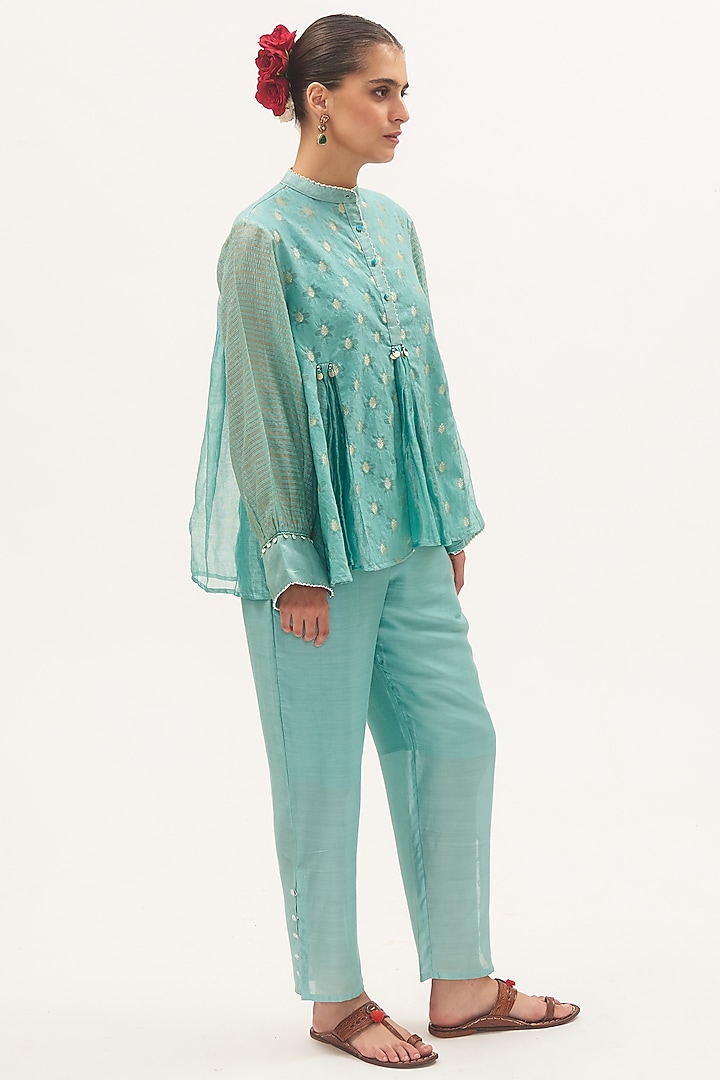 Turquoise Blue Chanderi Woven Motif Co-Ord Set by Gyaarah Baees at Pernia's Pop Up Shop