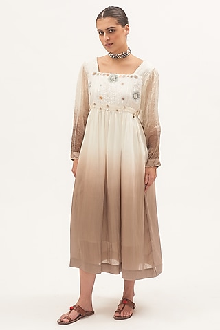 Ivory & Grey Chanderi Hand-Painted Ombre Dress by Gyaarah Baees
