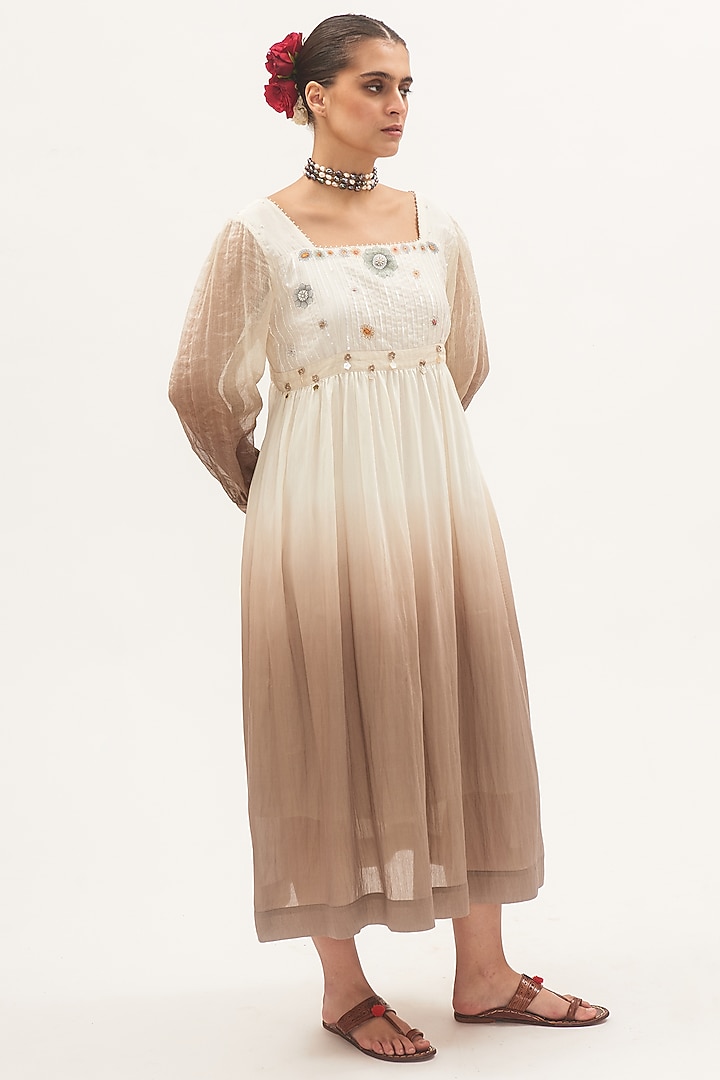 Ivory & Grey Chanderi Hand-Painted Ombre Vacation Dress by Gyaarah Baees at Pernia's Pop Up Shop