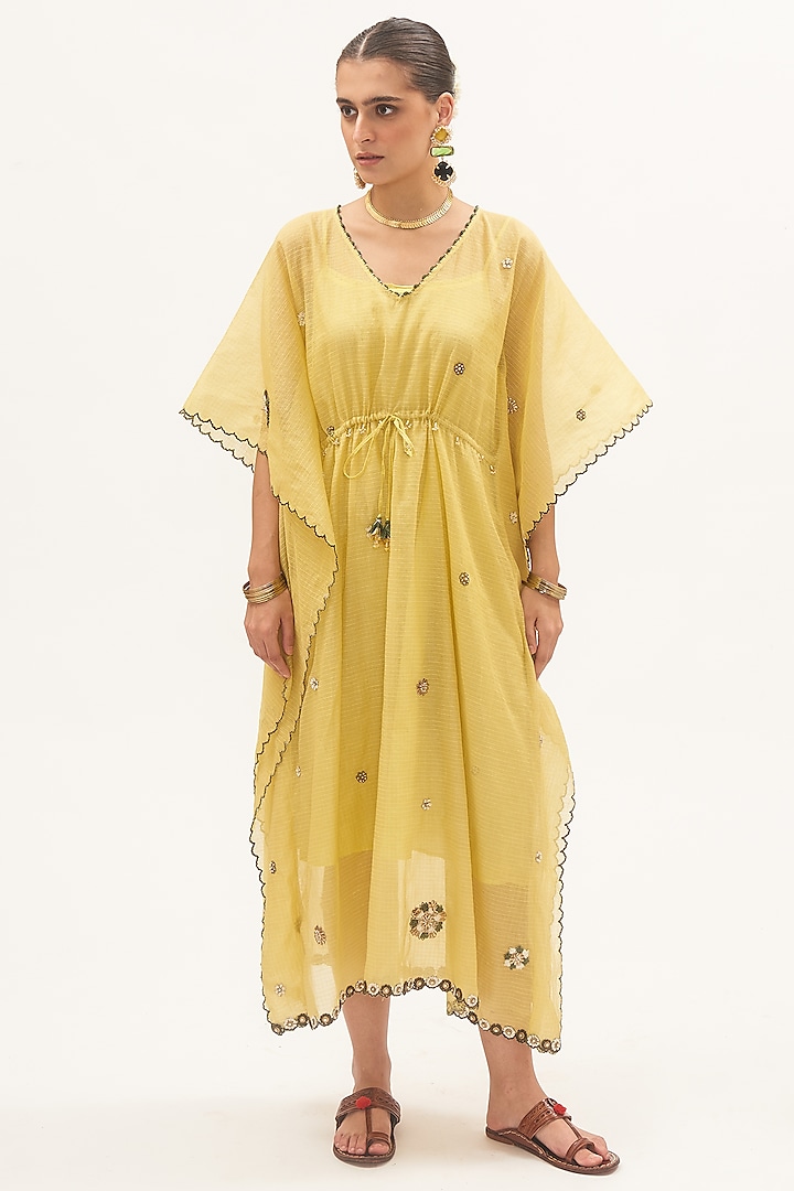 Yellow Chanderi Tissue Thread & Zardosi Embroidered Kaftan by Gyaarah Baees