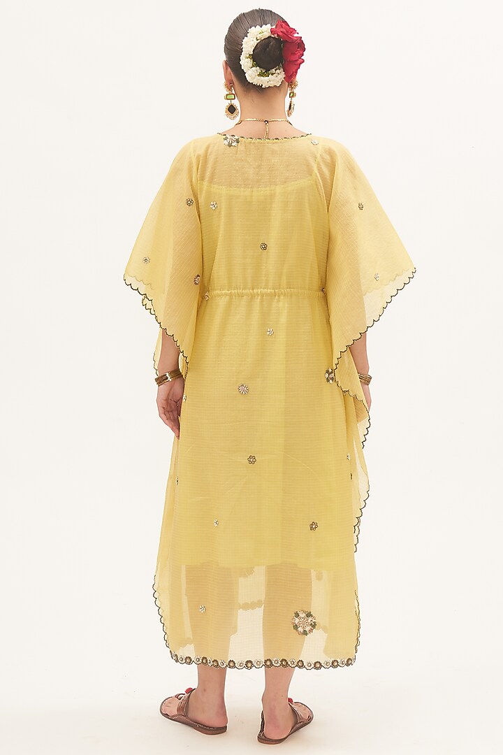 Yellow Chanderi Tissue Thread & Zardosi Embroidered Kaftan by Gyaarah Baees at Pernia's Pop Up Shop