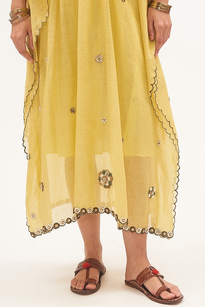 Yellow Chanderi Tissue Thread & Zardosi Embroidered Kaftan by Gyaarah Baees at Pernia's Pop Up Shop