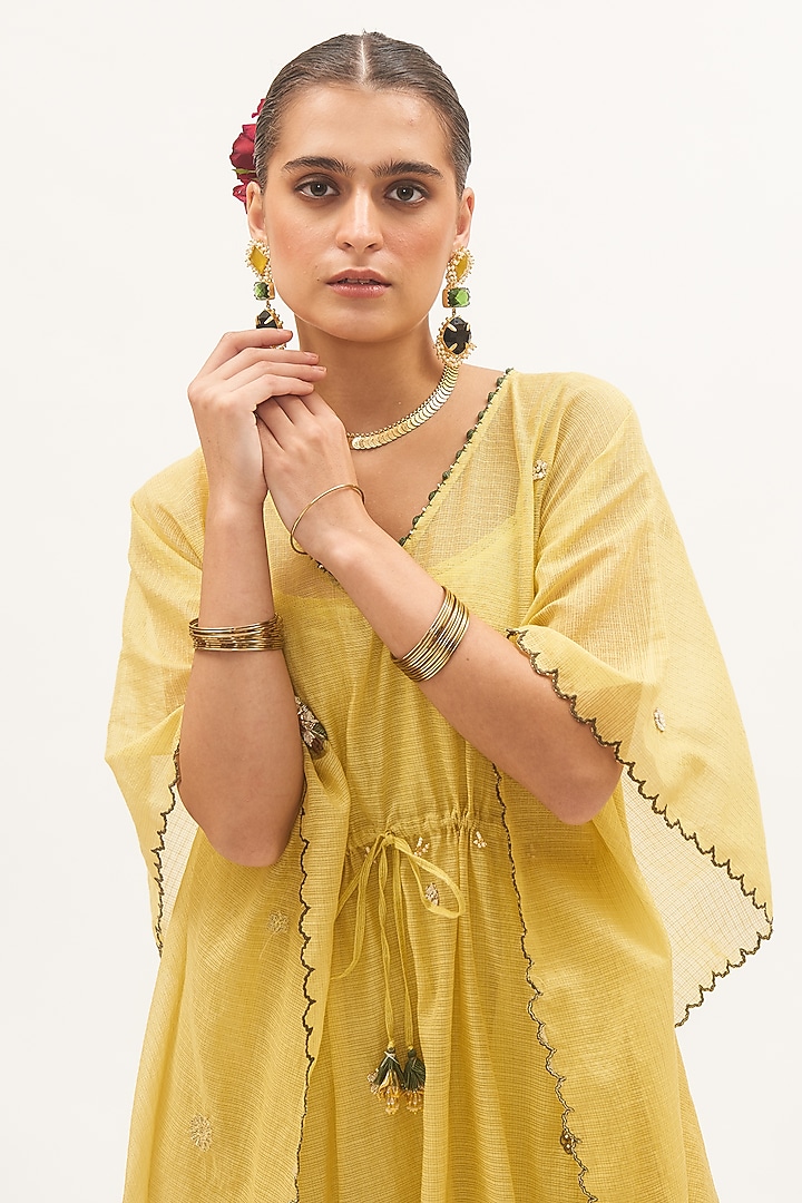 Yellow Chanderi Tissue Thread & Zardosi Embroidered Kaftan by Gyaarah Baees at Pernia's Pop Up Shop