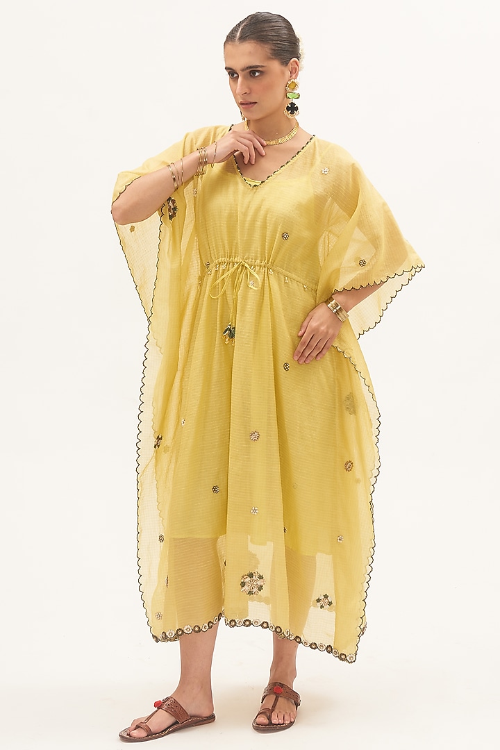 Yellow Chanderi Tissue Thread & Zardosi Embroidered Kaftan by Gyaarah Baees at Pernia's Pop Up Shop