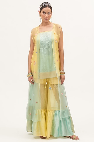 Yellow Chanderi Color-Blocked Sharara Set by Gyaarah Baees