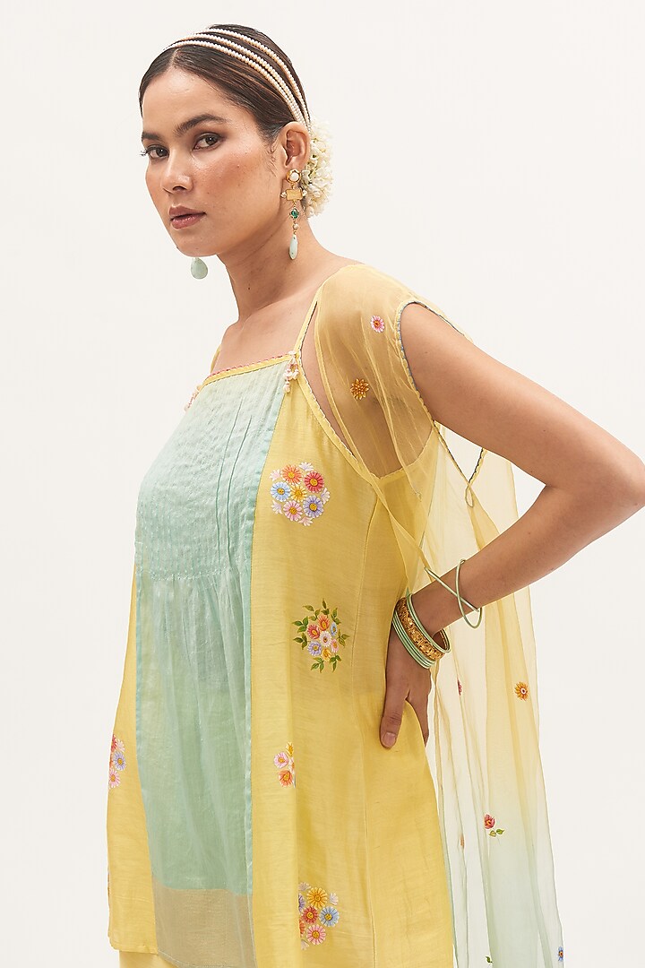 Yellow Chanderi Color-Blocked Party Wear Sharara Set by Gyaarah Baees at Pernia's Pop Up Shop