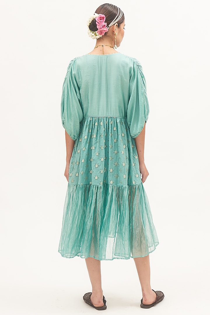 Turquoise Blue Chanderi Hand-Painted Tiered Vacation Dress by Gyaarah Baees at Pernia's Pop Up Shop