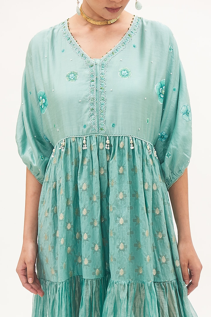 Turquoise Blue Chanderi Hand-Painted Tiered Vacation Dress by Gyaarah Baees at Pernia's Pop Up Shop