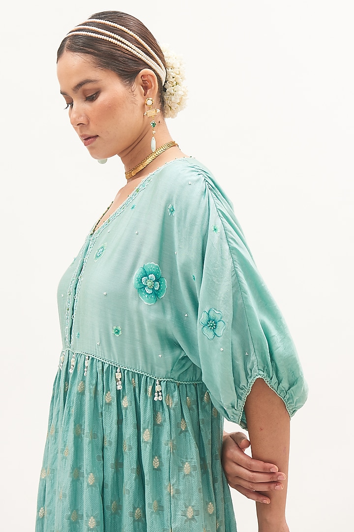 Turquoise Blue Chanderi Hand-Painted Tiered Vacation Dress by Gyaarah Baees at Pernia's Pop Up Shop