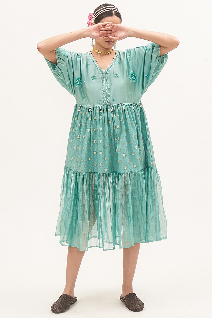 Turquoise Blue Chanderi Hand-Painted Tiered Vacation Dress by Gyaarah Baees at Pernia's Pop Up Shop