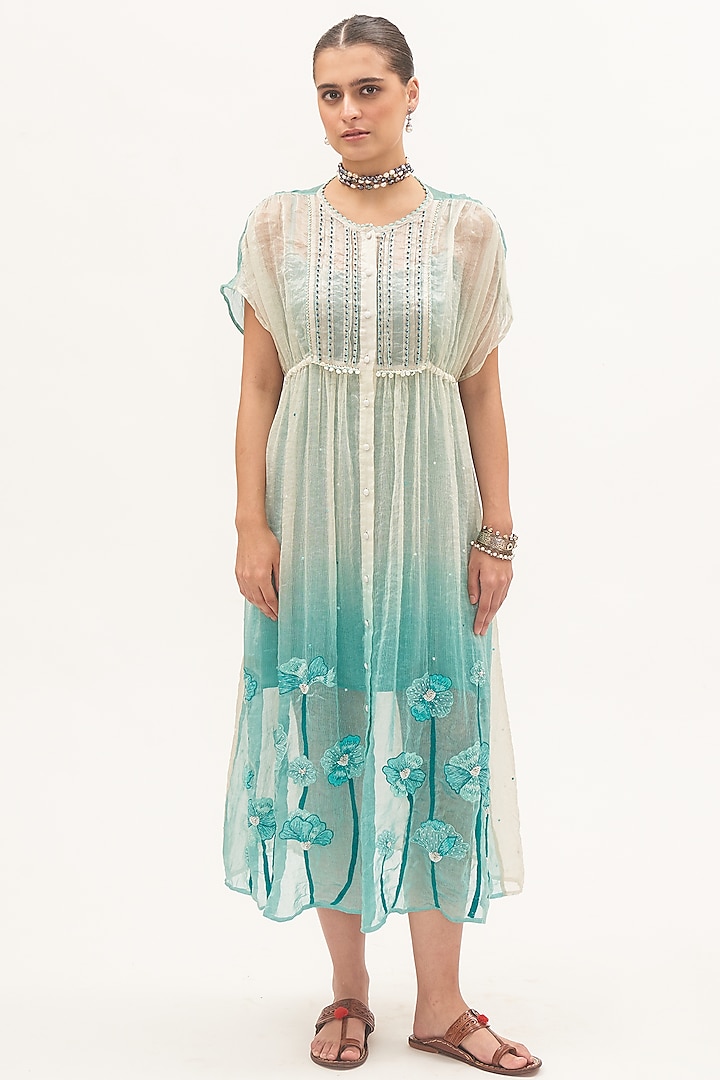 Off-White Chanderi Tissue & Crepe Thread Embroidered Ombre Dress by Gyaarah Baees