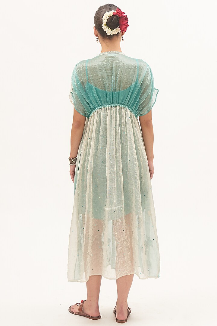 Off-White Chanderi Tissue & Crepe Thread Embroidered Ombre Vacation Dress by Gyaarah Baees at Pernia's Pop Up Shop