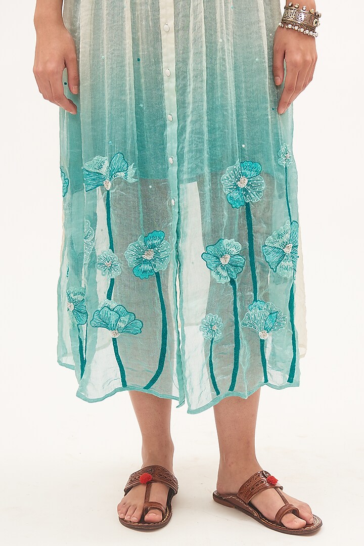 Off-White Chanderi Tissue & Crepe Thread Embroidered Ombre Vacation Dress by Gyaarah Baees at Pernia's Pop Up Shop
