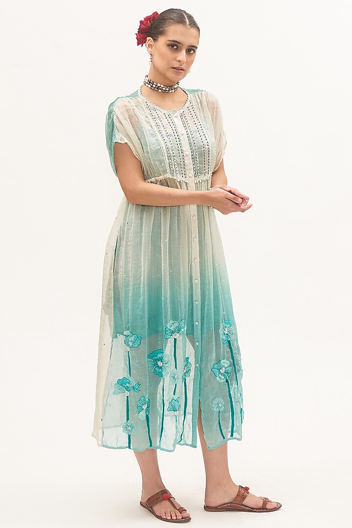 Off-White Chanderi Tissue & Crepe Thread Embroidered Ombre Vacation Dress by Gyaarah Baees at Pernia's Pop Up Shop