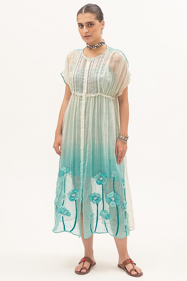 Off-White Chanderi Tissue & Crepe Thread Embroidered Ombre Vacation Dress by Gyaarah Baees at Pernia's Pop Up Shop