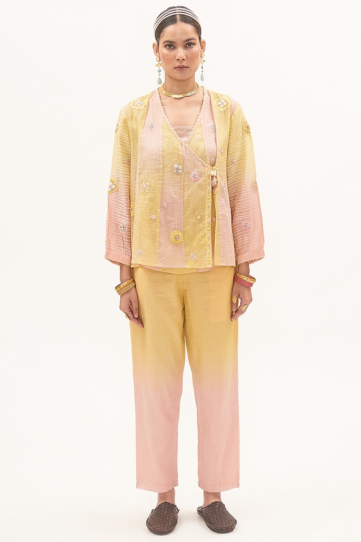 Yellow Striped Chanderi Ombre Co-Ord Set by Gyaarah Baees