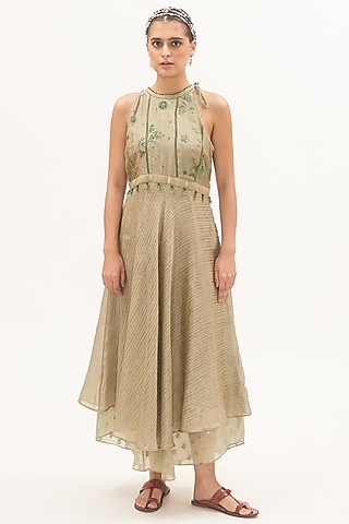 Pista Green Chanderi Embroidered Dress by Gyaarah Baees