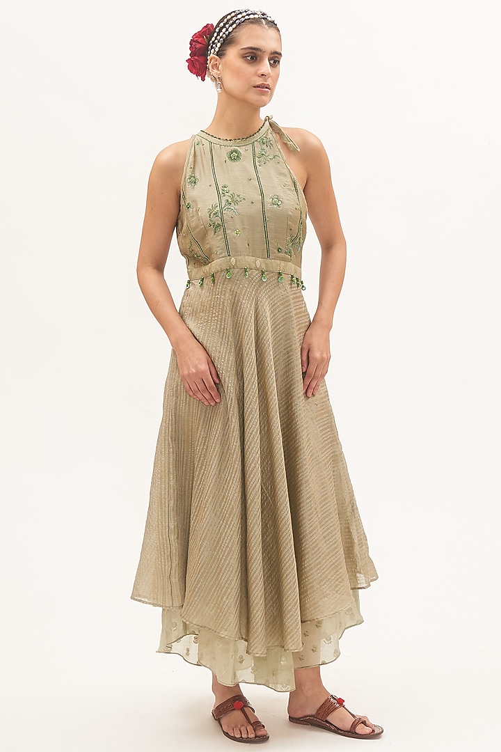Pista Green Chanderi Embroidered Vacation Dress by Gyaarah Baees at Pernia's Pop Up Shop
