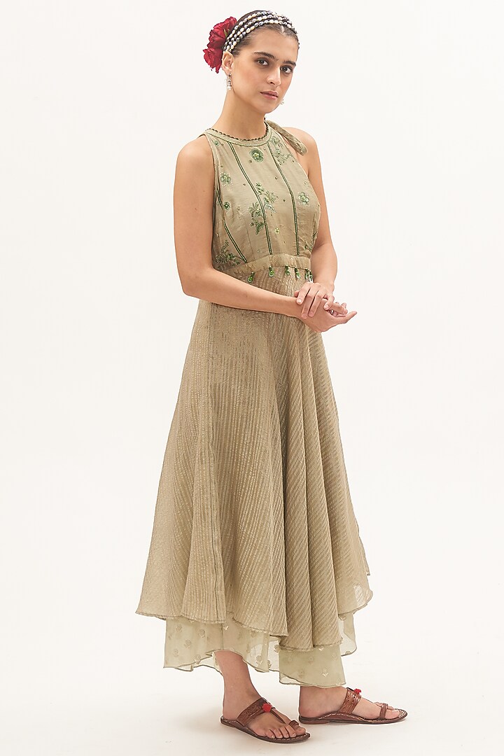 Pista Green Chanderi Embroidered Vacation Dress by Gyaarah Baees at Pernia's Pop Up Shop