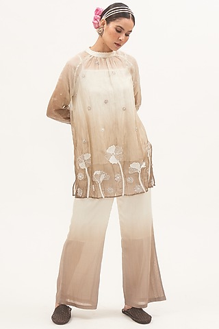 Ivory & Grey Tissue Chanderi Zardosi Embroidered Ombre Sheer Kurta Set by Gyaarah Baees