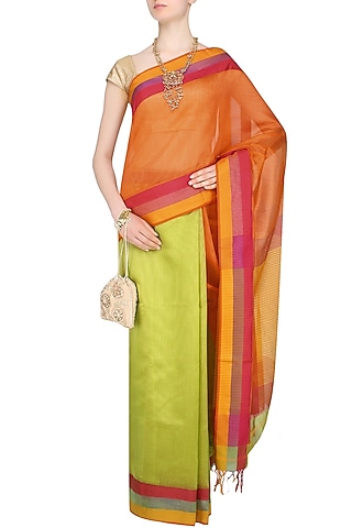 Orange And Green Zari Embroidered "Utsav" Saree by 2080