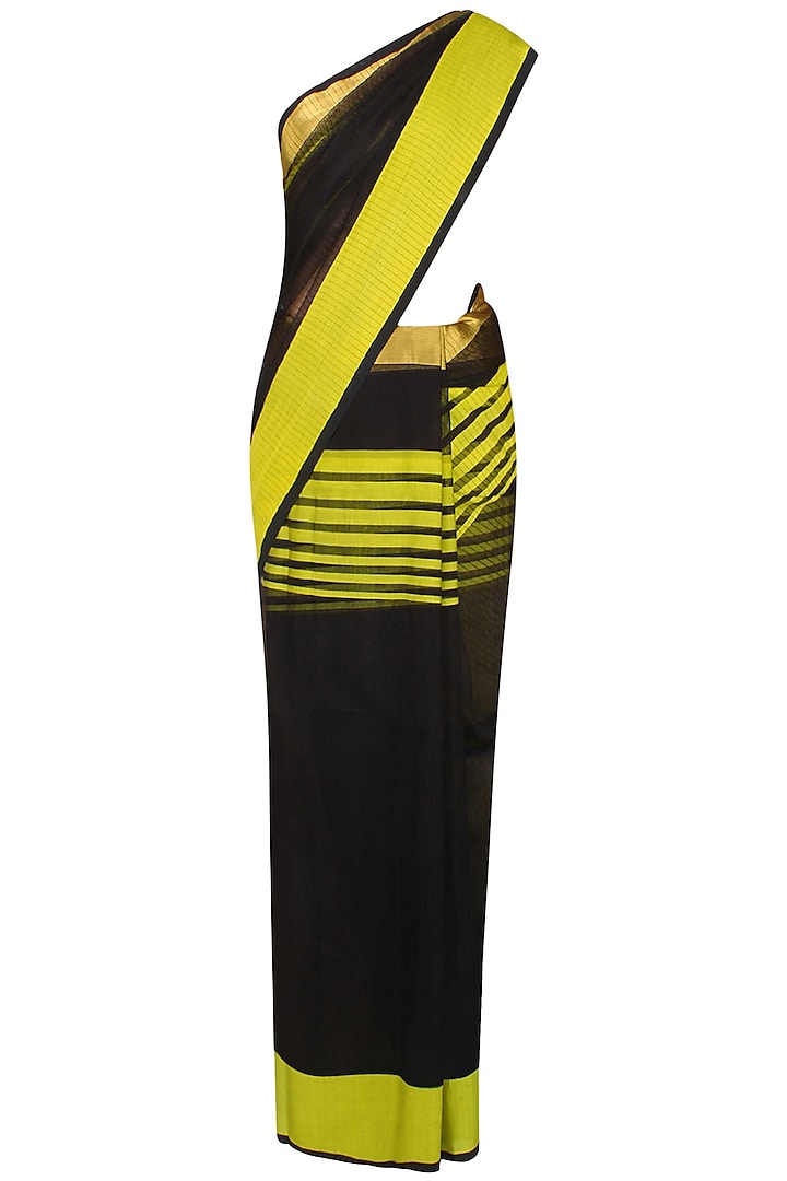 Black And Chrome Yellow Zari Embroidered Striped "Ghat" Saree by 2164