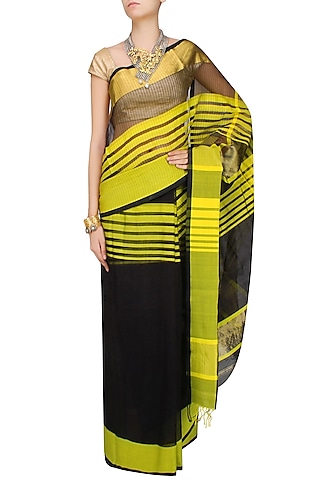 Black And Chrome Yellow Zari Embroidered Striped "Ghat" Saree by 2164
