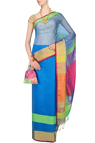 Turquoise Blue Zari Embroidered "Narmada" Saree by 2091