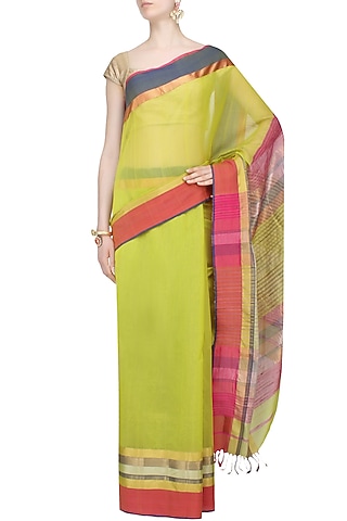 Lime Green Zari Embroidered "Rajwada" Saree by 2091