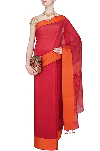 Red And Sunset Orange Zari Embroidered "Shringar" Saree by 1925