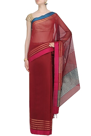 Marsala Red Zari Embroidered "Malwa" Saree by 1925