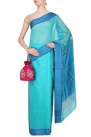 Aqua Blue Resham Embroidered Chevron Pattern Saree by 2584