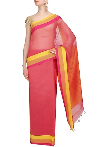 Fuschia Pink Resham Embroidered Chevron Pattern Saree by 2091
