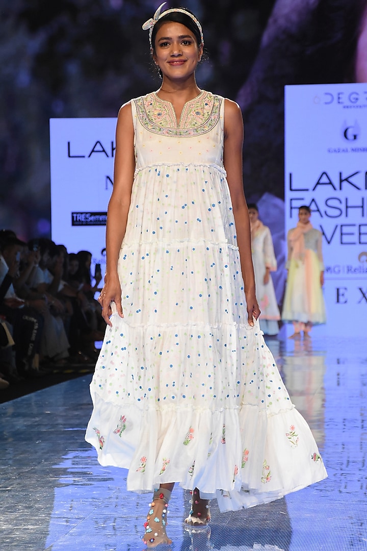 White Embroidered Tiered Dress by Gazal Mishra