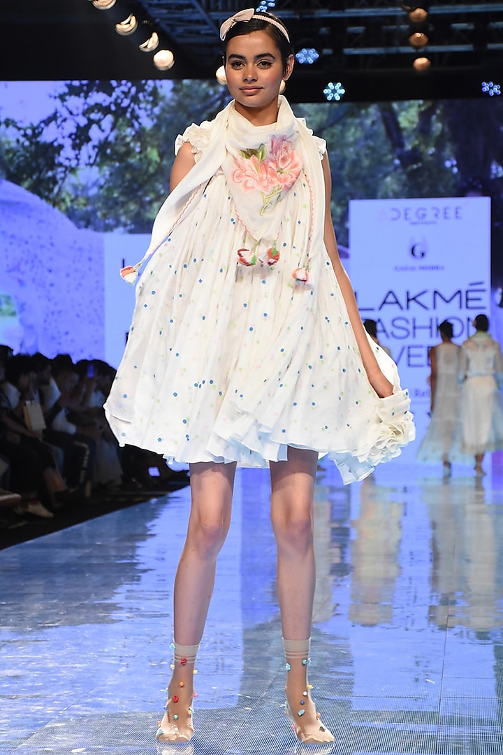 White Embroidered Dress With Frills by Gazal Mishra